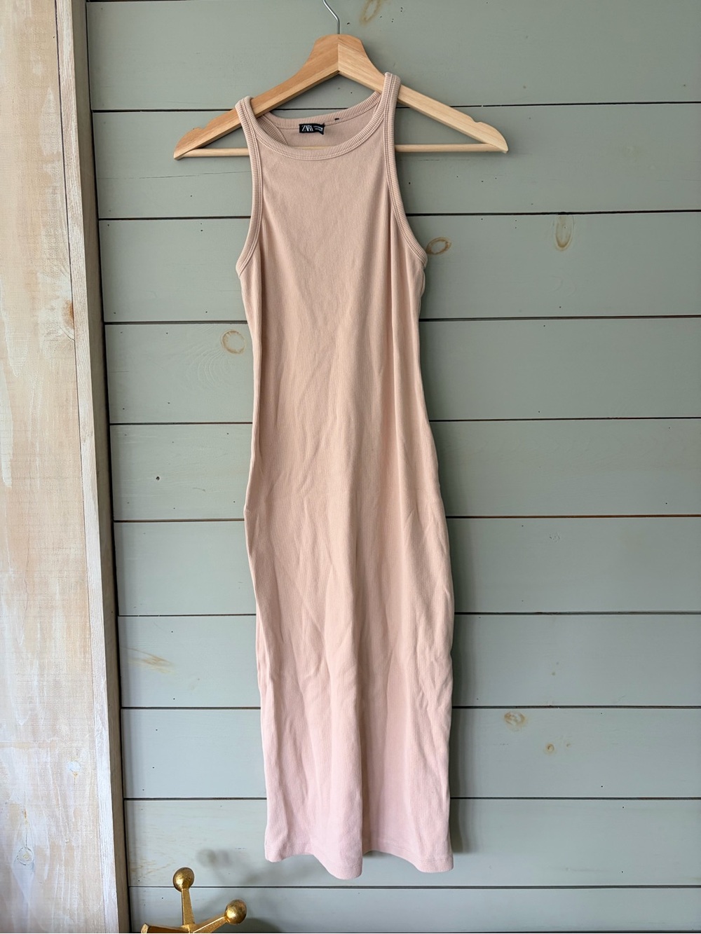 Zara Ribbed Racerback Midi Dress – Soft Beige/Nude – Size Medium